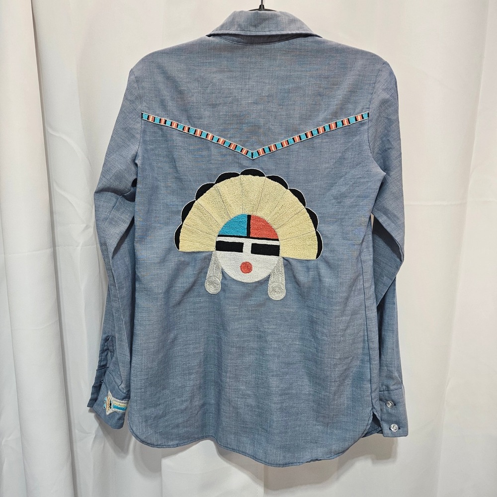 Vtg Wrangler Western Button Shirt Embroidered Kachina Thunderbird chambray READ - Picture 2 of 11